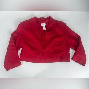 Liz Claiborne Jacket Sz 12 Petite Linen Red Cropped Blazer Open Front 3/4 Sleeve